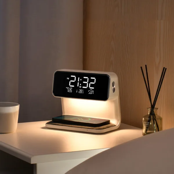 Creative 3 In 1 Bedside Lamp Wireless Charging LCD Screen Alarm Clock  Wireless Phone Charger - Image 2