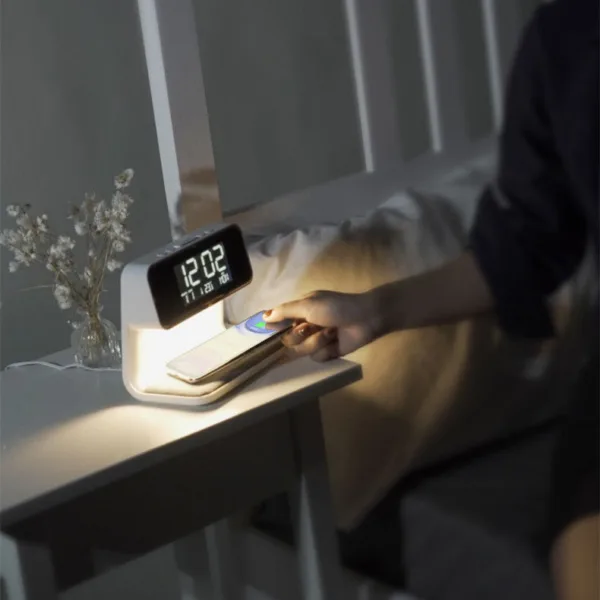 Creative 3 In 1 Bedside Lamp Wireless Charging LCD Screen Alarm Clock  Wireless Phone Charger - Image 6