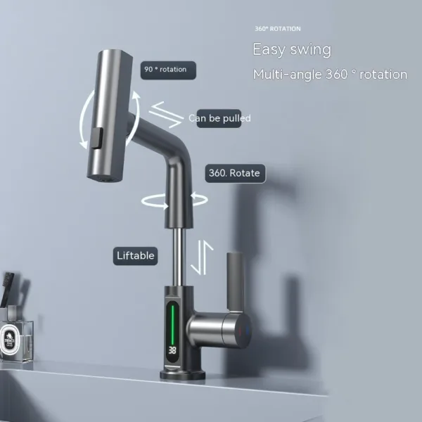 Intelligent Digital Display Faucet Pull-out Basin Faucet Temperature Digital Display Rotation - Image 4