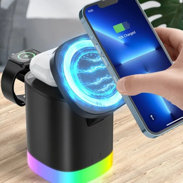 3 In 1 Magnetic Wireless Fast Charger For Smart Phone RGB Ambient Light Charging Station For Airpods IWatch - Image 5