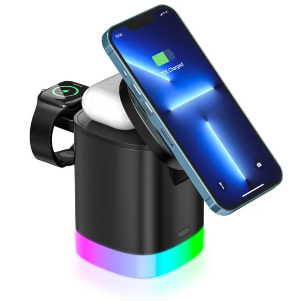 3 In 1 Magnetic Wireless Fast Charger For Smart Phone RGB Ambient Light Charging Station For Airpods IWatch - Image 9