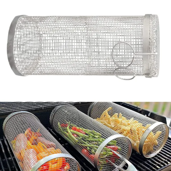 Rolling Grilling Basket Metal BBQ Barbecue Basket Net Portable Outdoor Camping Barbecue Rack Kitchen Gadgets - Image 8