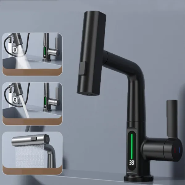 Intelligent Digital Display Faucet Pull-out Basin Faucet Temperature Digital Display Rotation - Image 3