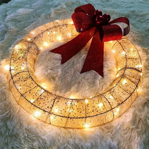 Christmas Garland 50CM Luminous LED Warm Light Metal Luminous Wreath With Big Bowknot Christmas Front Door Home Holiday Party Door Hanging Decor - Image 2