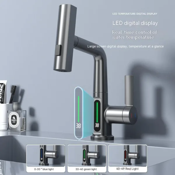 Intelligent Digital Display Faucet Pull-out Basin Faucet Temperature Digital Display Rotation - Image 9