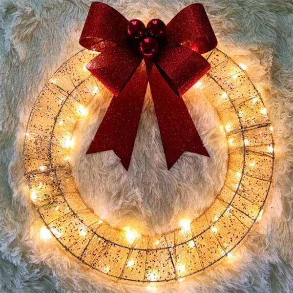 Christmas Garland 50CM Luminous LED Warm Light Metal Luminous Wreath With Big Bowknot Christmas Front Door Home Holiday Party Door Hanging Decor - Image 3