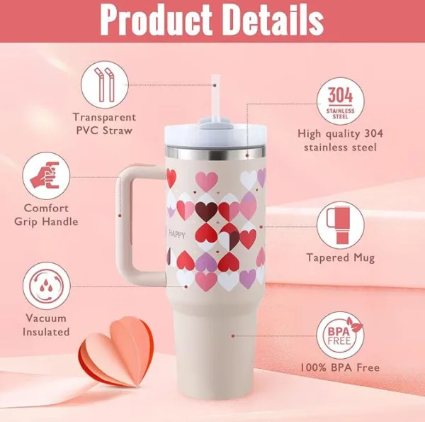 40 Oz Tumbler With Handle Straw Insulated, Stainless Steel Spill Proof Vacuum Coffee Cup Tumbler With Lid Tapered Mug Gifts For Valentine Lover Suitable For Car Gym Office Travel - Image 4