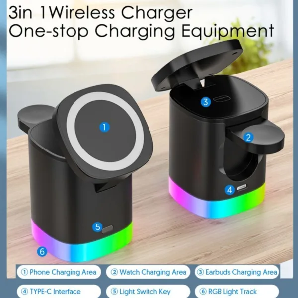 3 In 1 Magnetic Wireless Fast Charger For Smart Phone RGB Ambient Light Charging Station For Airpods IWatch - Image 4